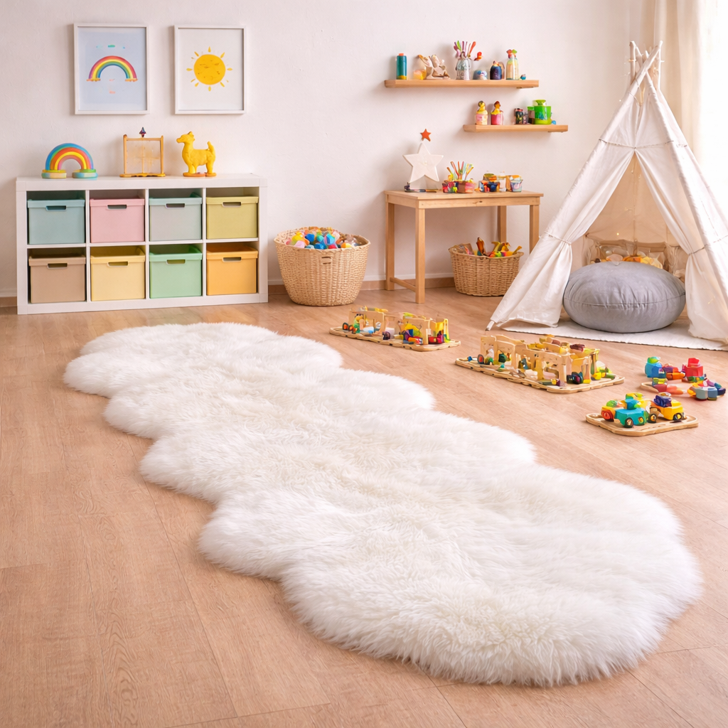 White fluffy rug on a wooden floor with colourful toys and shelves in the background