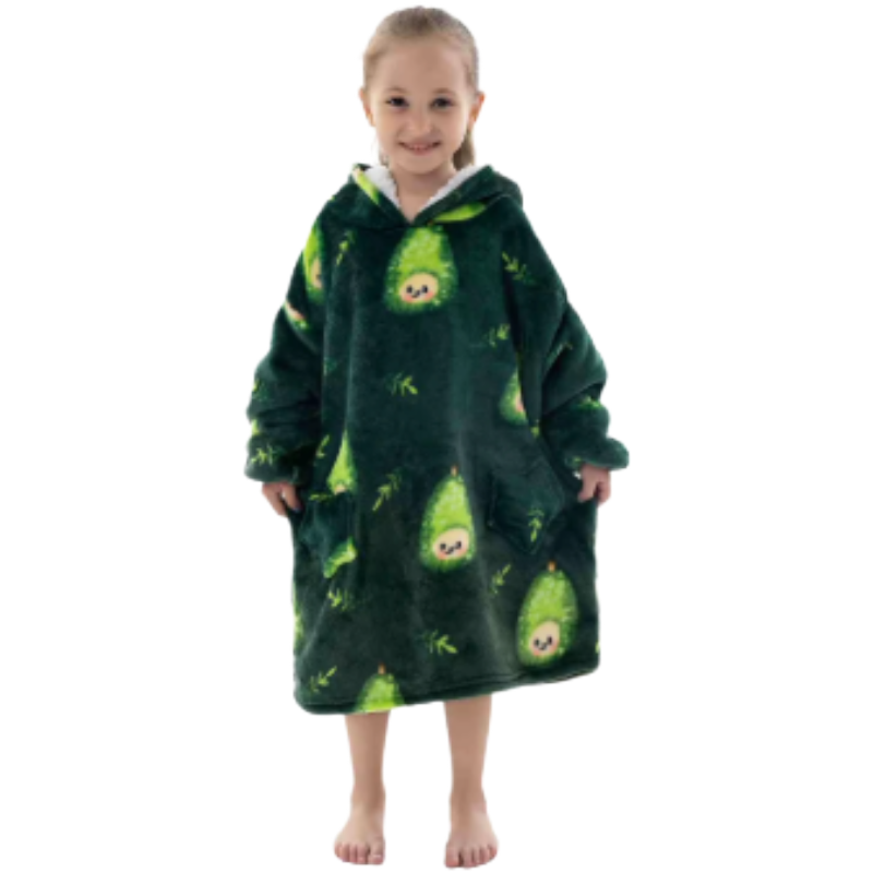 Adult and children wearing green oversized wearable hoodies featuring a playful pear print.