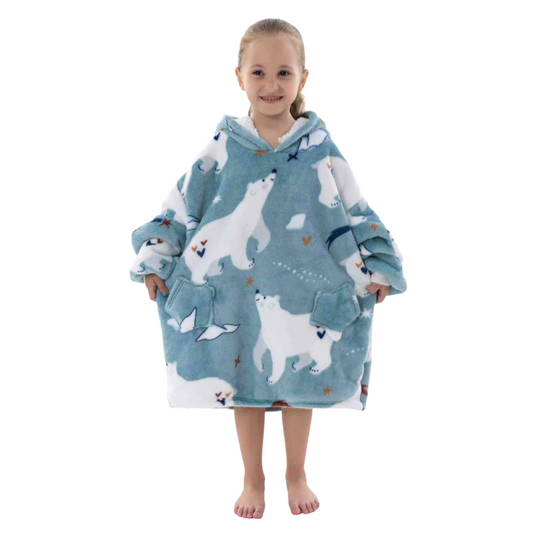 A child wearing a blue polar bear design oversized hoodie on a white background.