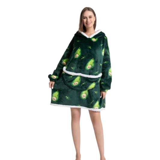 Woman wearing green oversized wearable hoodies featuring a playful pear print and soft sherpa lining