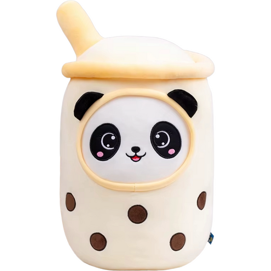 Panda bubble tea plush toy in soft yellow with smiling panda face and brown tapioca details