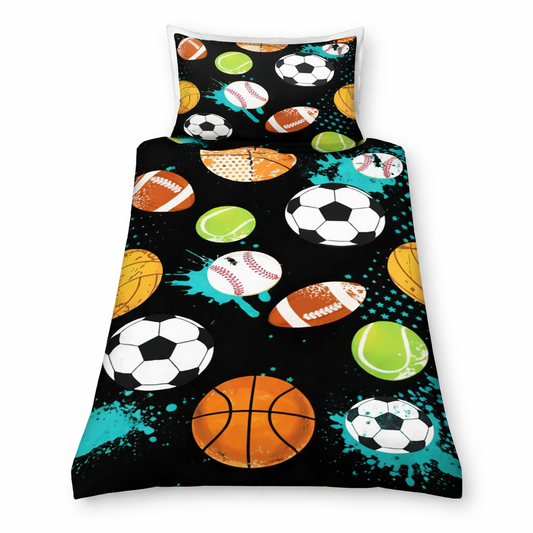 Children's sports-themed bedding set with various balls on a black background
