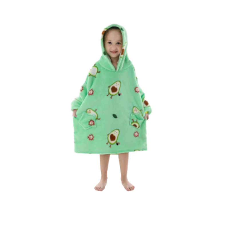 Child wearing green oversized wearable hoodies with playful exploding avocado print.