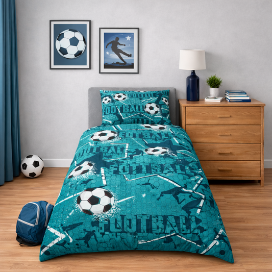 Bedroom with teal 'FOOTBALL' themed bedding set, soccer balls, and sports-themed decor.