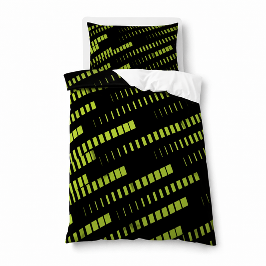Black and green striped bedding set on a white background