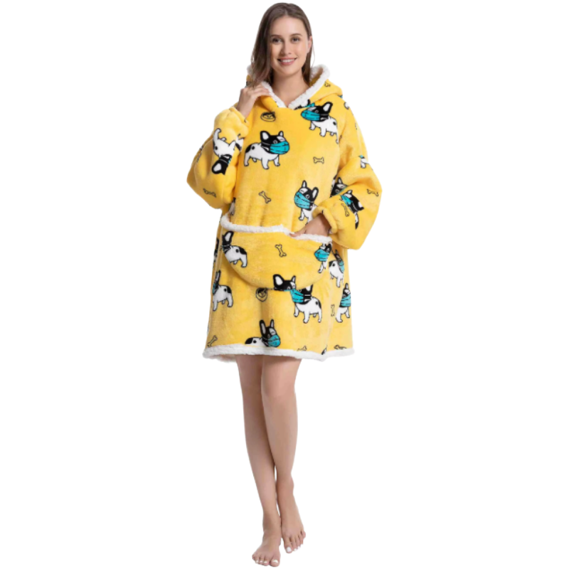 Woman wearing a yellow masked dog oversized lounge hoodie on a white background.