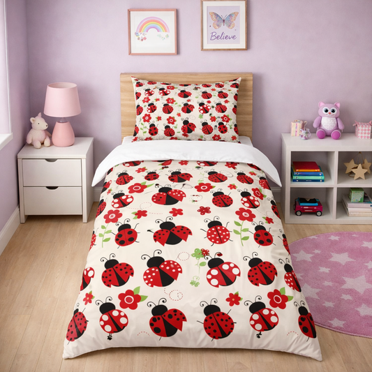 Children's bedroom with ladybug patterned bedding and decor