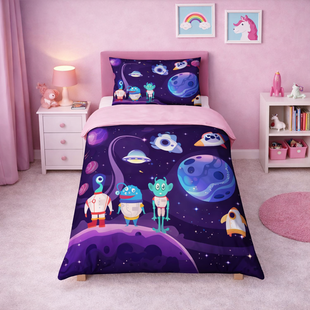 Children's bedroom with space-themed bedding set featuring aliens and planets.