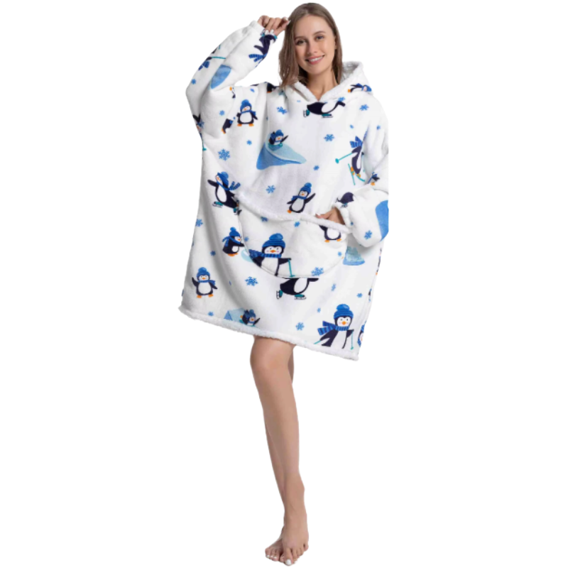 Woman wearing a white penguin oversized wearable hoodie on a white background.