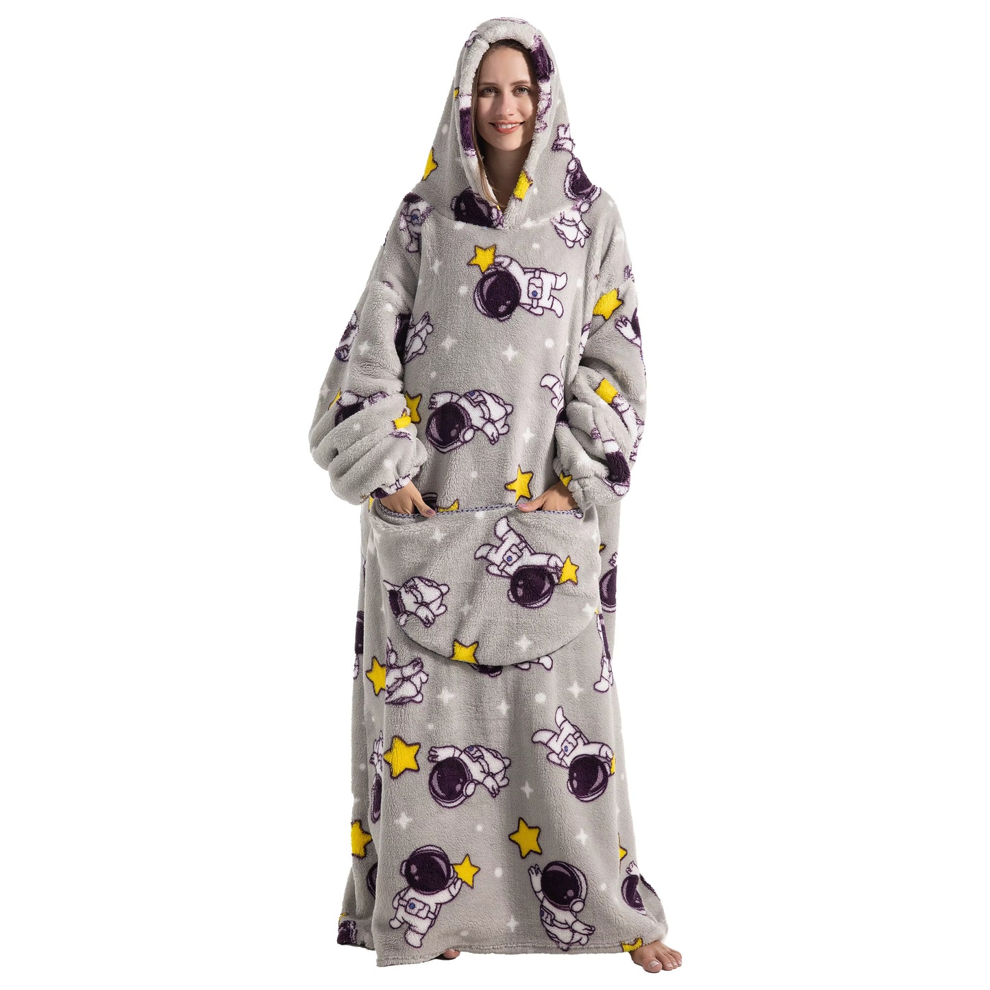 Person wearing a grey hoodie with cartoon designs on a white background