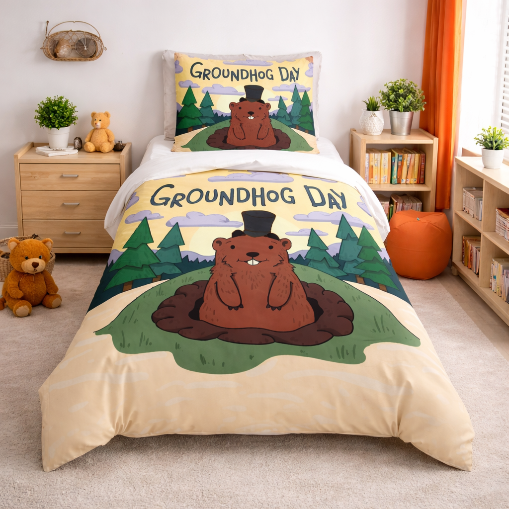 Bedding set with Groundhog Day design in a bedroom setting