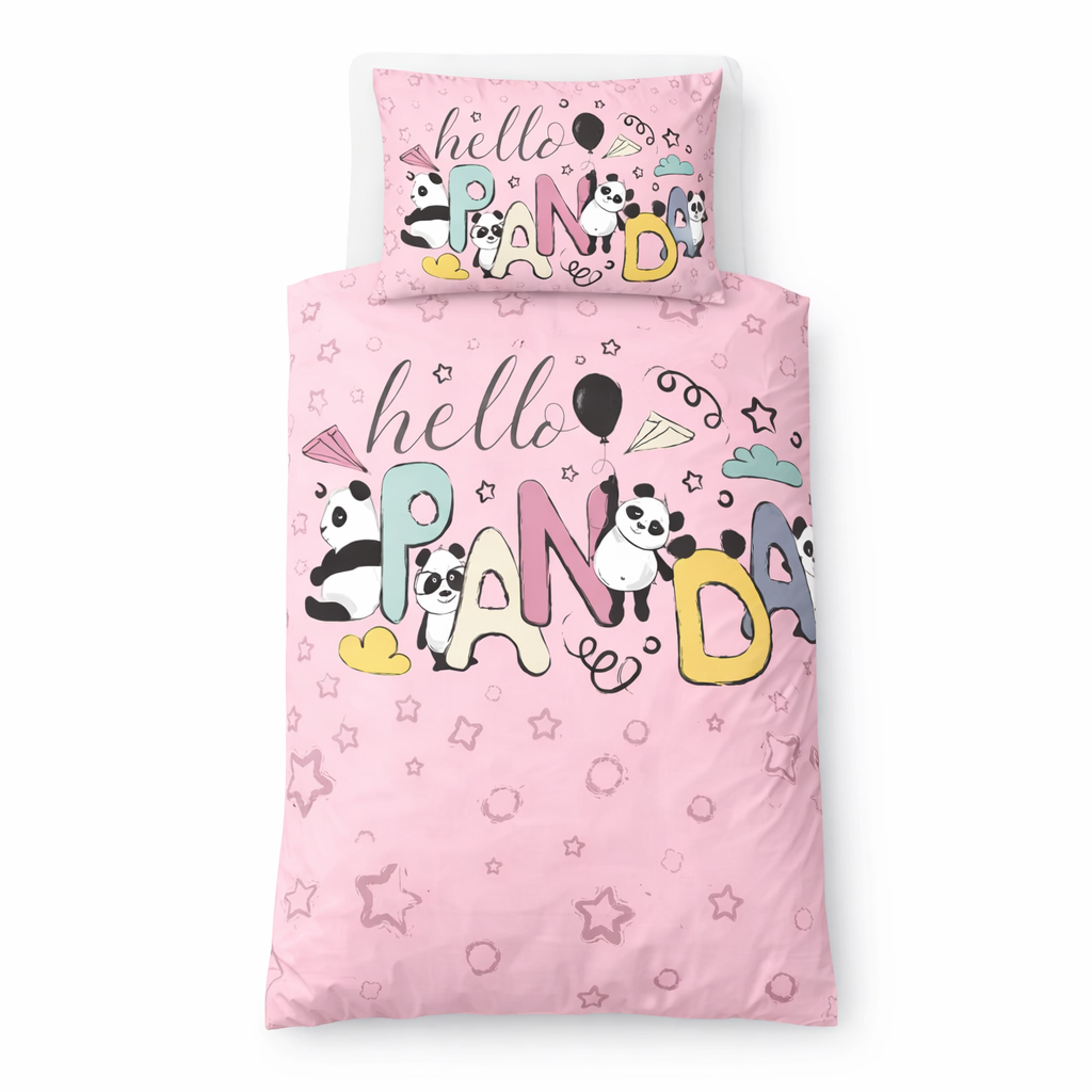 Pink 'hello panda' duvet cover and pillowcase on a white background