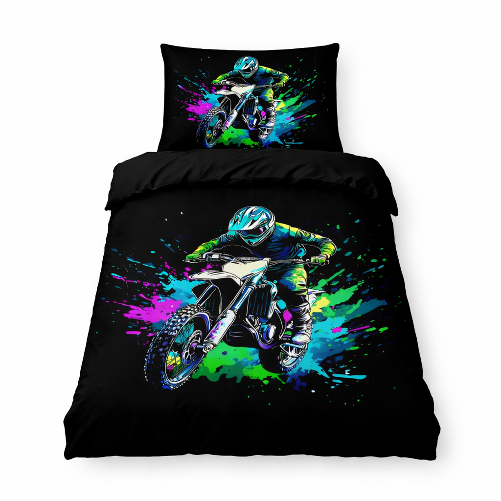 Black motocross rider duvet set with vibrant neon paint splash design displayed on a single bed with matching pillowcase on a white background