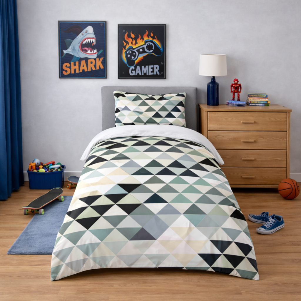 Bedroom with geometric-patterned bedding, wooden dresser, and posters on the wall.