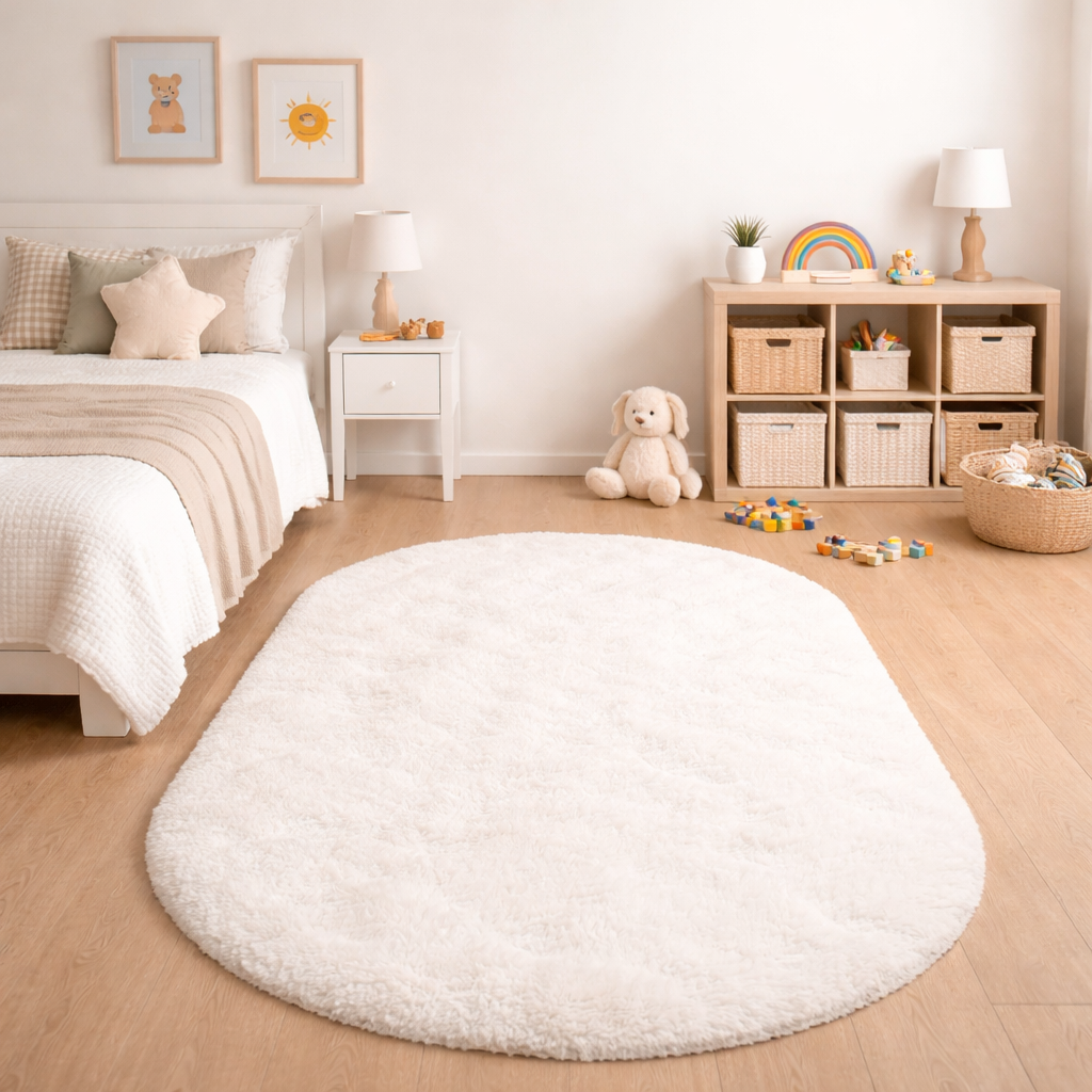 Creamy white silky plush oval rug shown beside a bed in a bright children's room