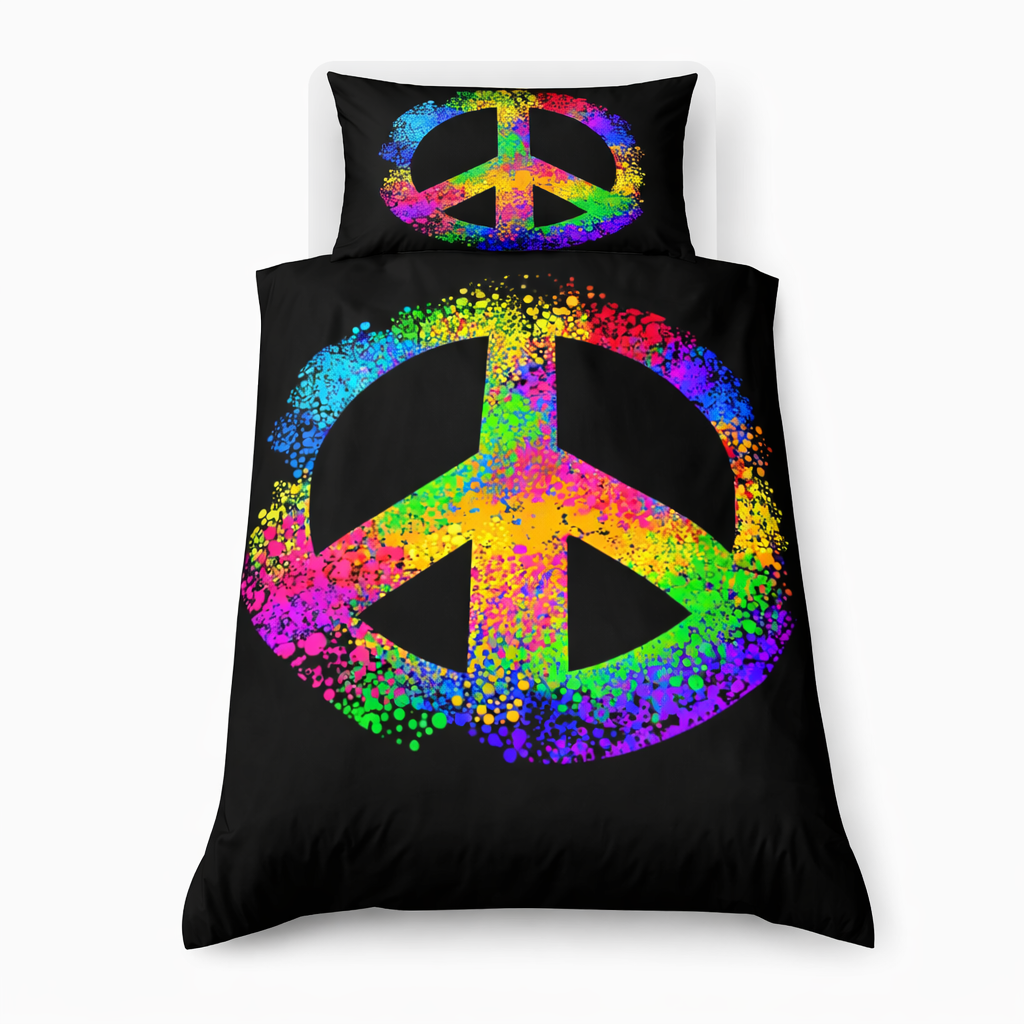 Black pillowcase with colourful peace symbol design on a white background