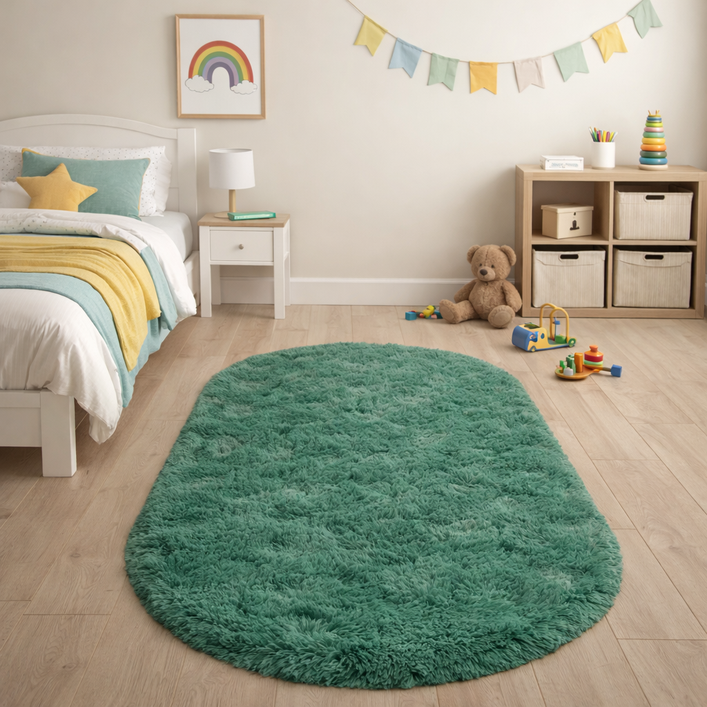 Forest green silky plush oval rug shown beside a bed in a bright children's room
