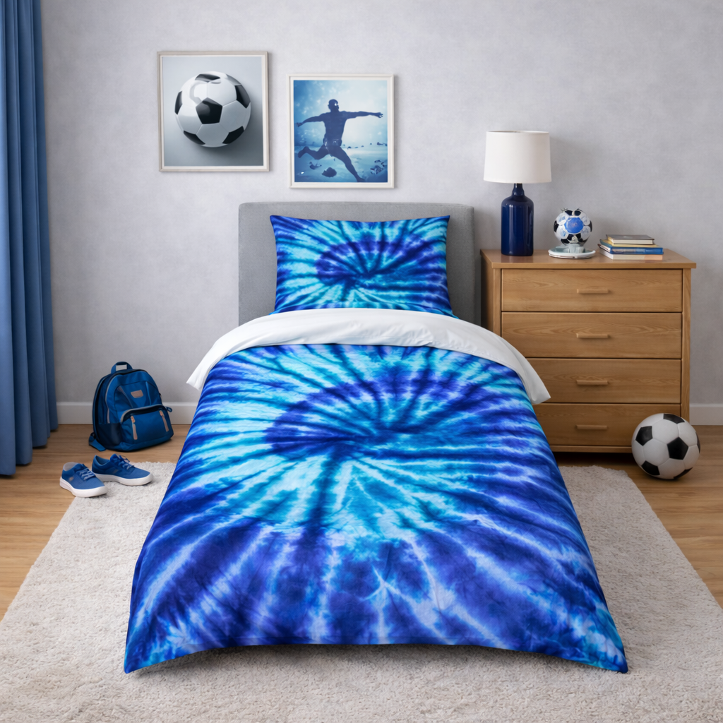 Blue tie-dye bedding set in a bedroom with sports-themed decor.