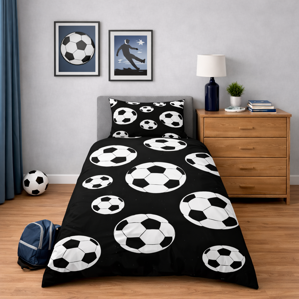 Bedding set with soccer ball pattern in a bedroom setting