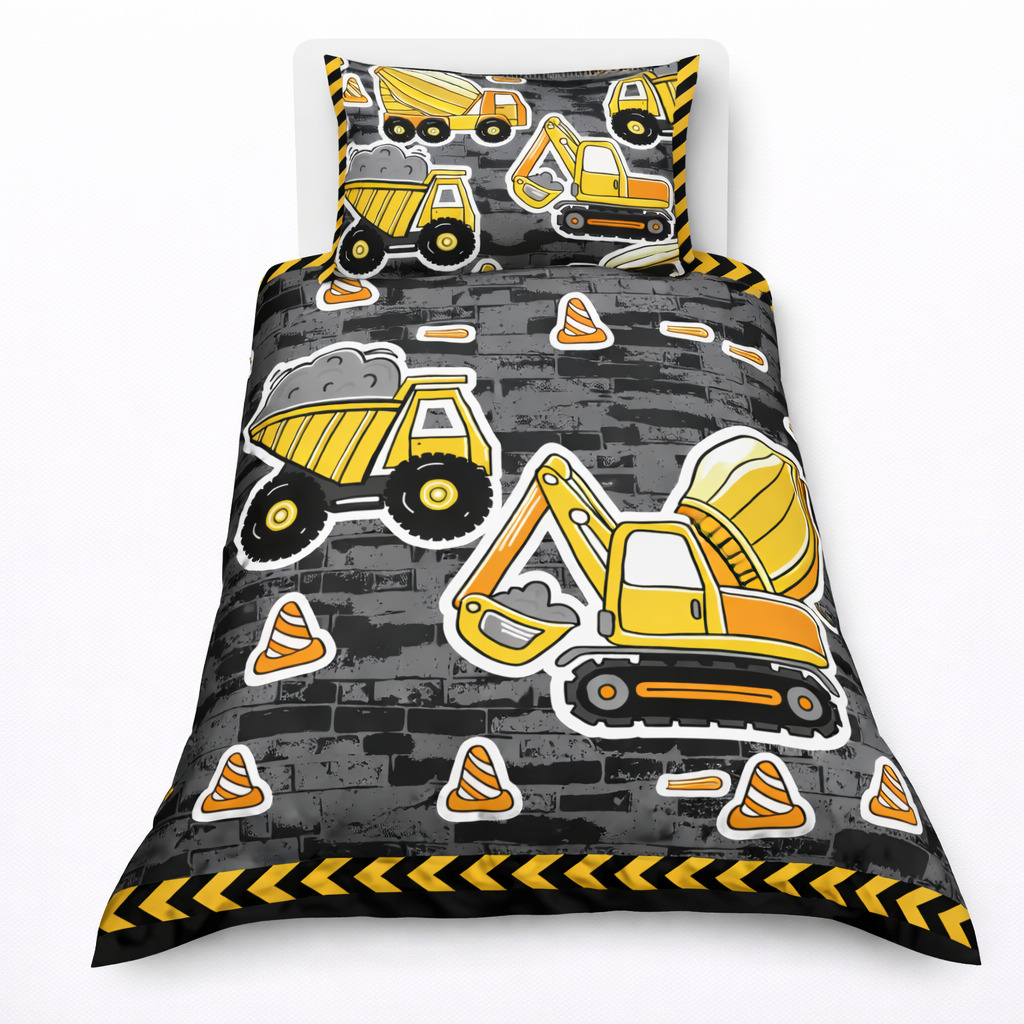 Construction-themed bedding set with dump trucks and excavators on a grey background.