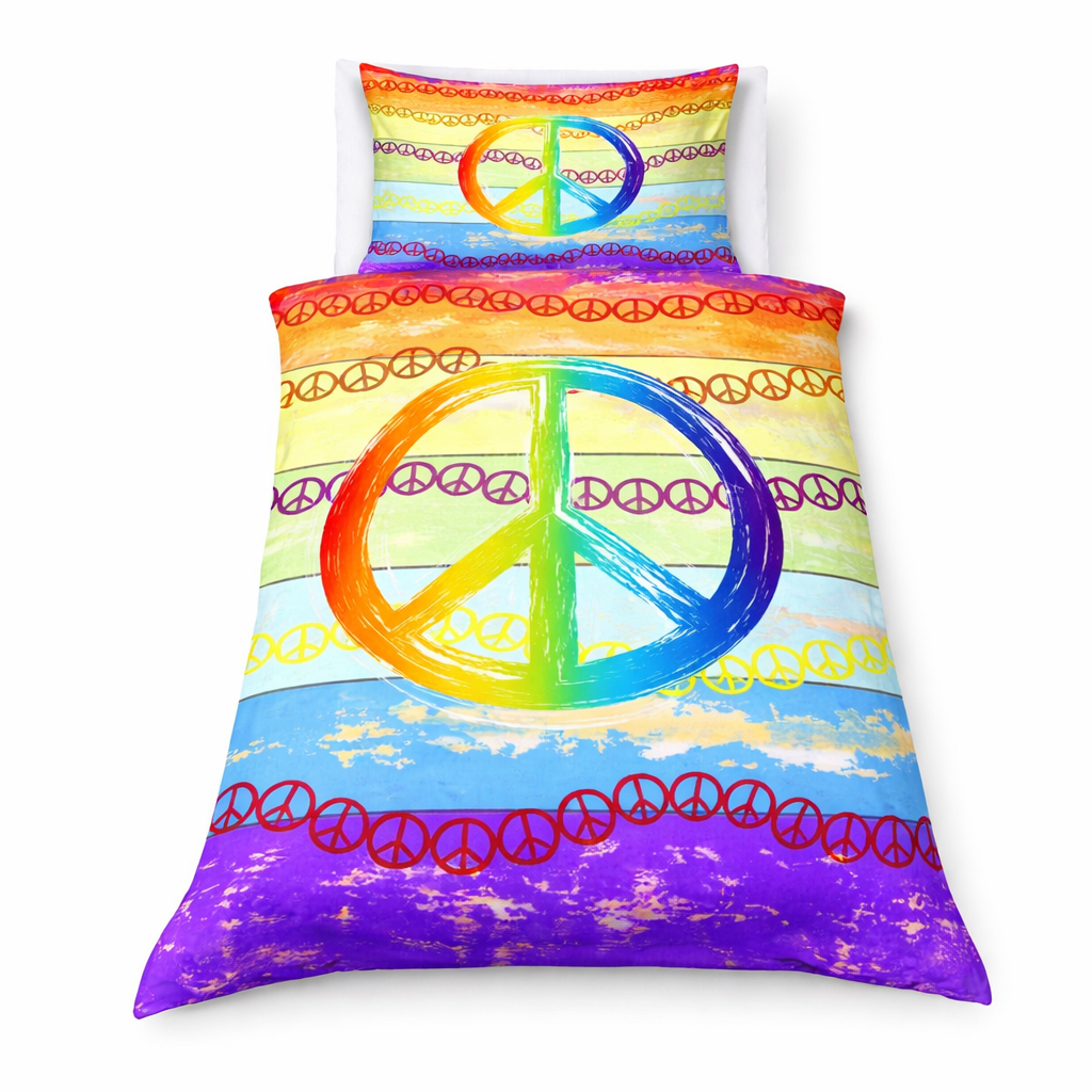 Colourful peace symbol bedding set with a rainbow design on a white background