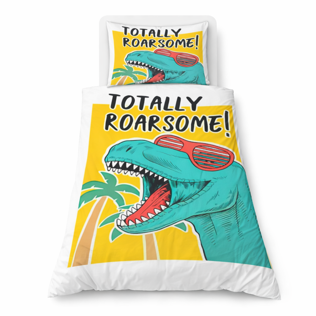 Totally roarsome dinosaur duvet cover and pillowcase on a white background