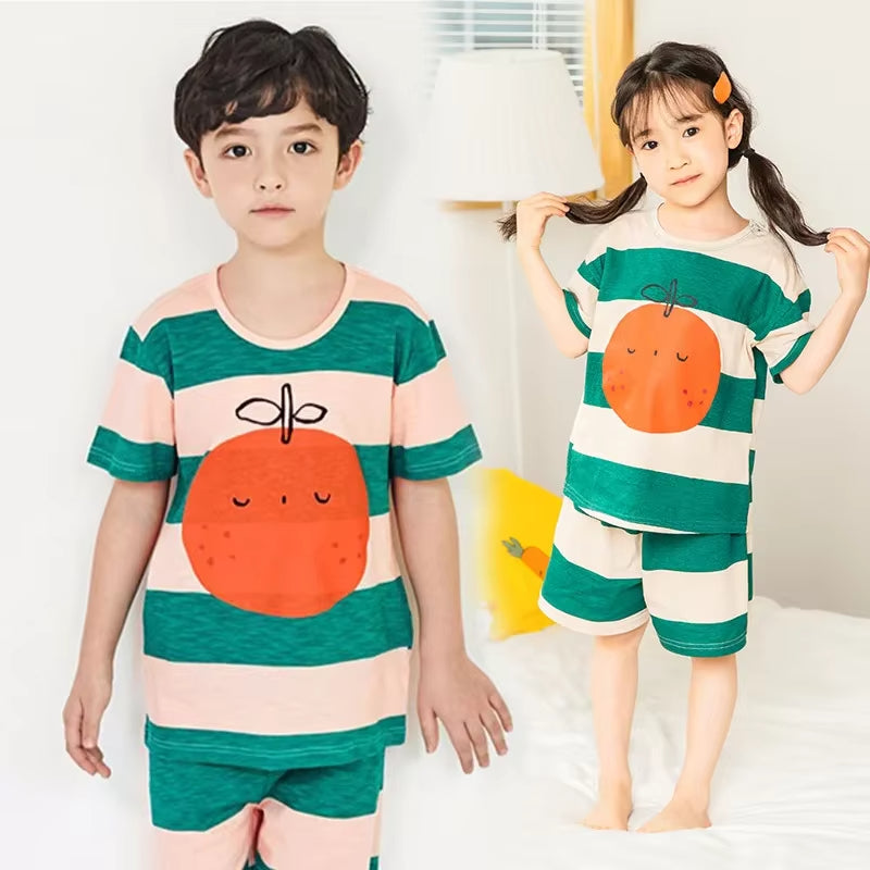 Kids cotton two-piece pyjama set with fruit character print and striped pattern, short sleeve top and matching shorts