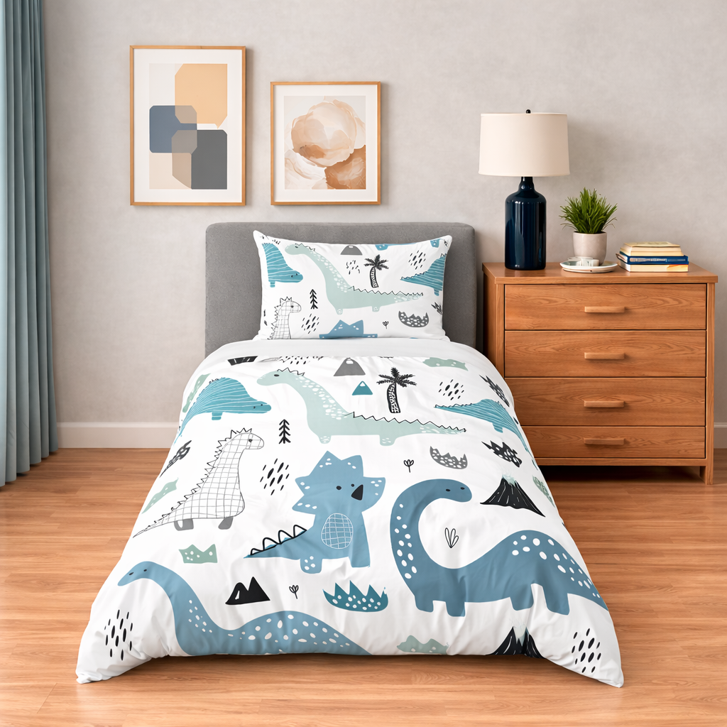 Children's bedroom with dinosaur-themed bedding set on a bed, wooden nightstand, and wall art.