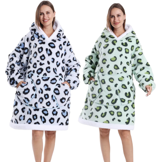 Animal print fleece wearable blanket hoodie shown in two designs with hooded oversized fit for lounging