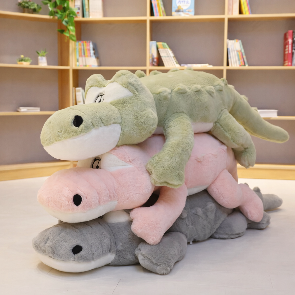 Three colourful soft plush crocodiles lying on top of each other.