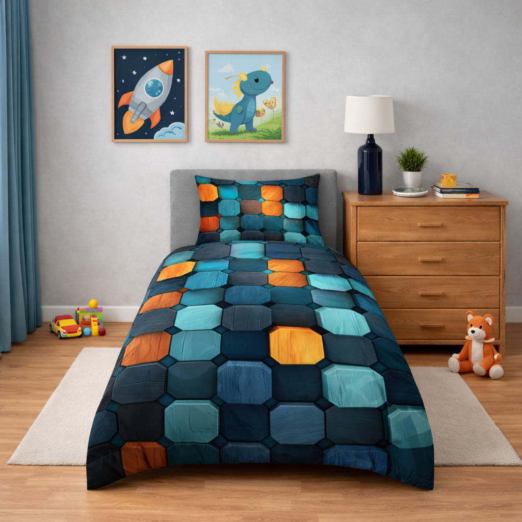 Children's bedroom with a colourful geometric patterned bedspread on a bed.
