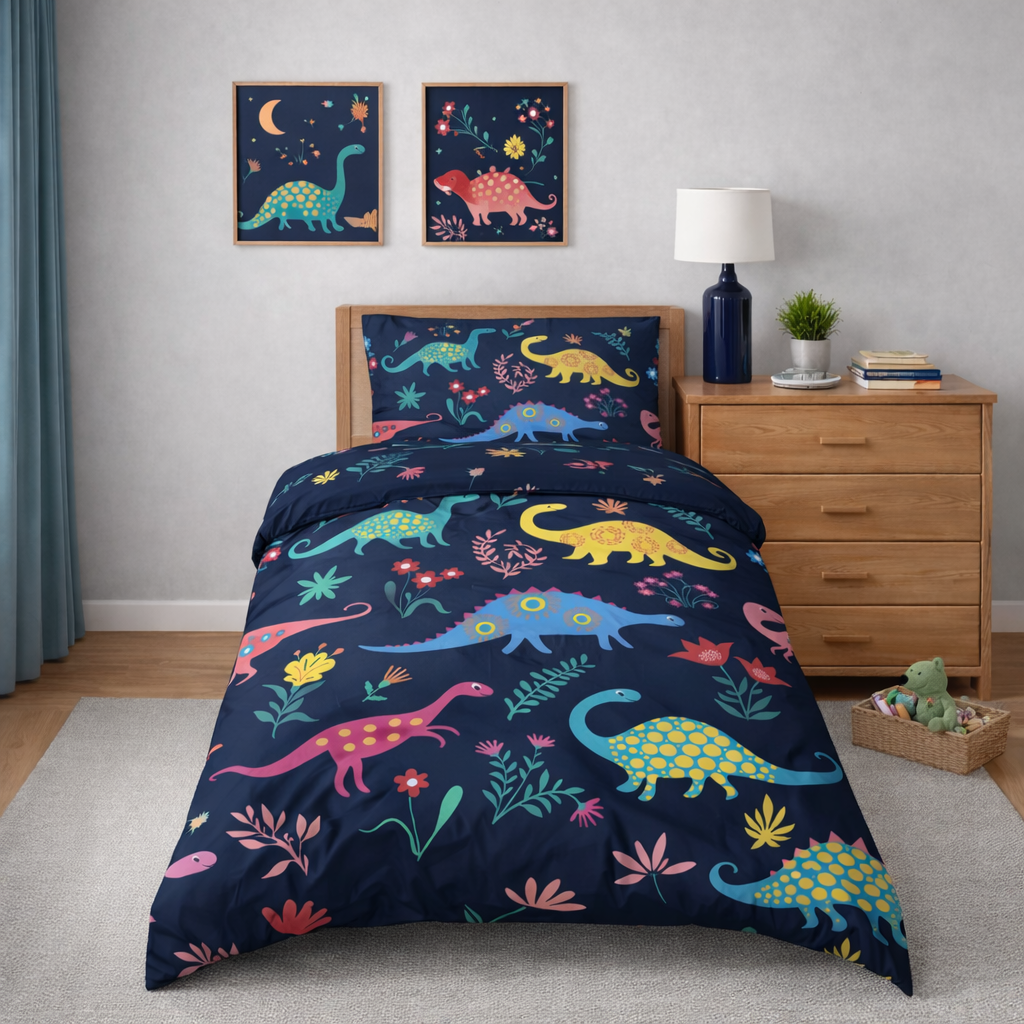 Colourful dinosaur design on a navy duvet with matching pillowcase in a bedroom setting