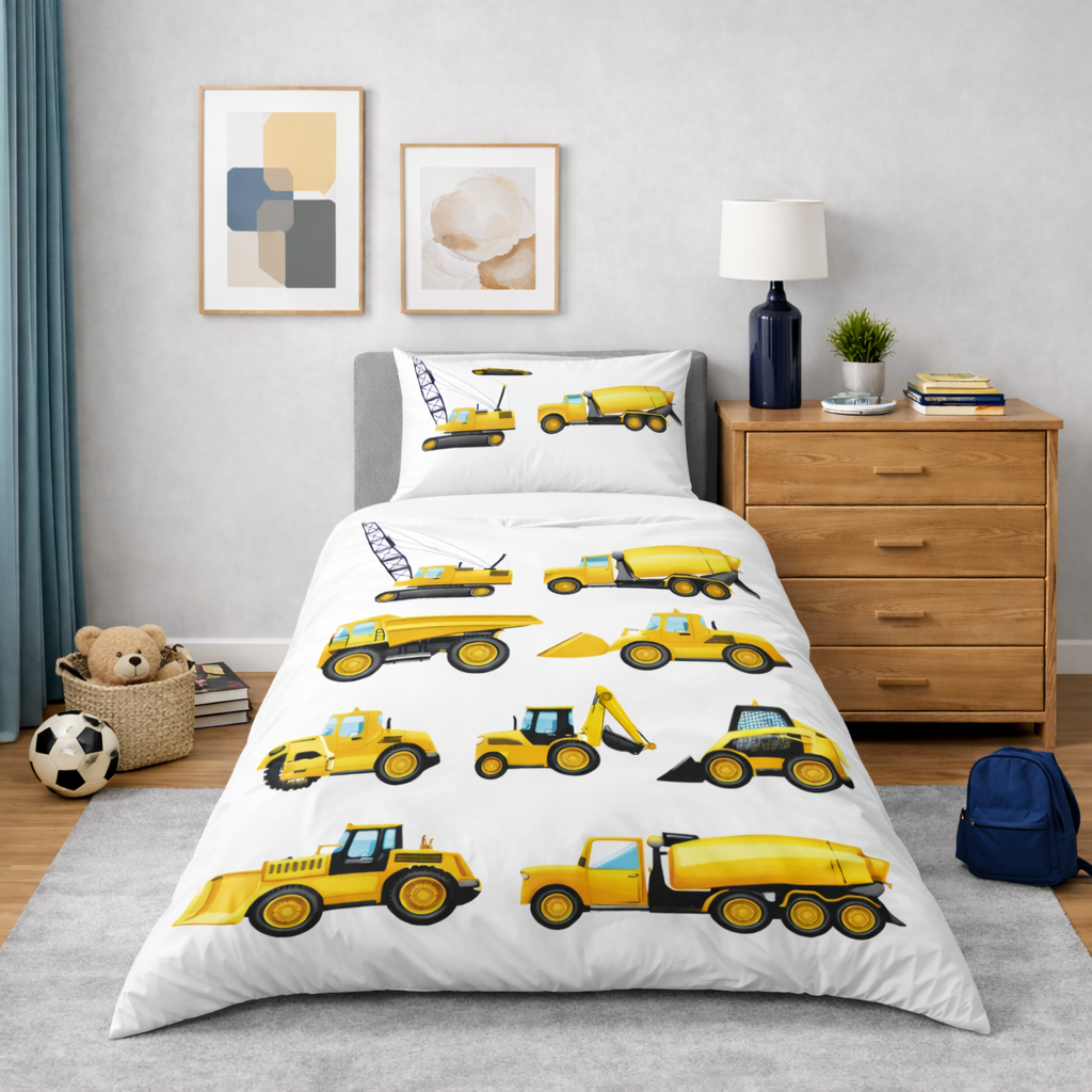 Bedding set with construction vehicle pattern in a bedroom setting