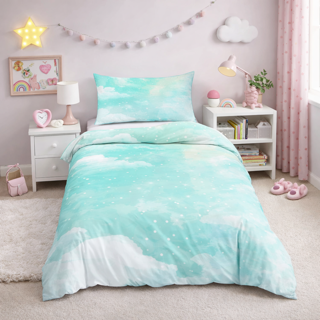 Star and cloudy bedding set in a girls bedroom setting