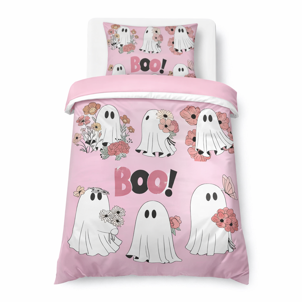 Pink bedding set with ghost motifs and the word boo on a white background