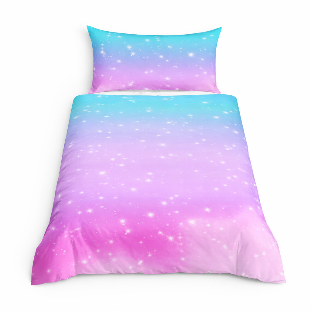 Pink and blue gradient starry design duvet set on a white background