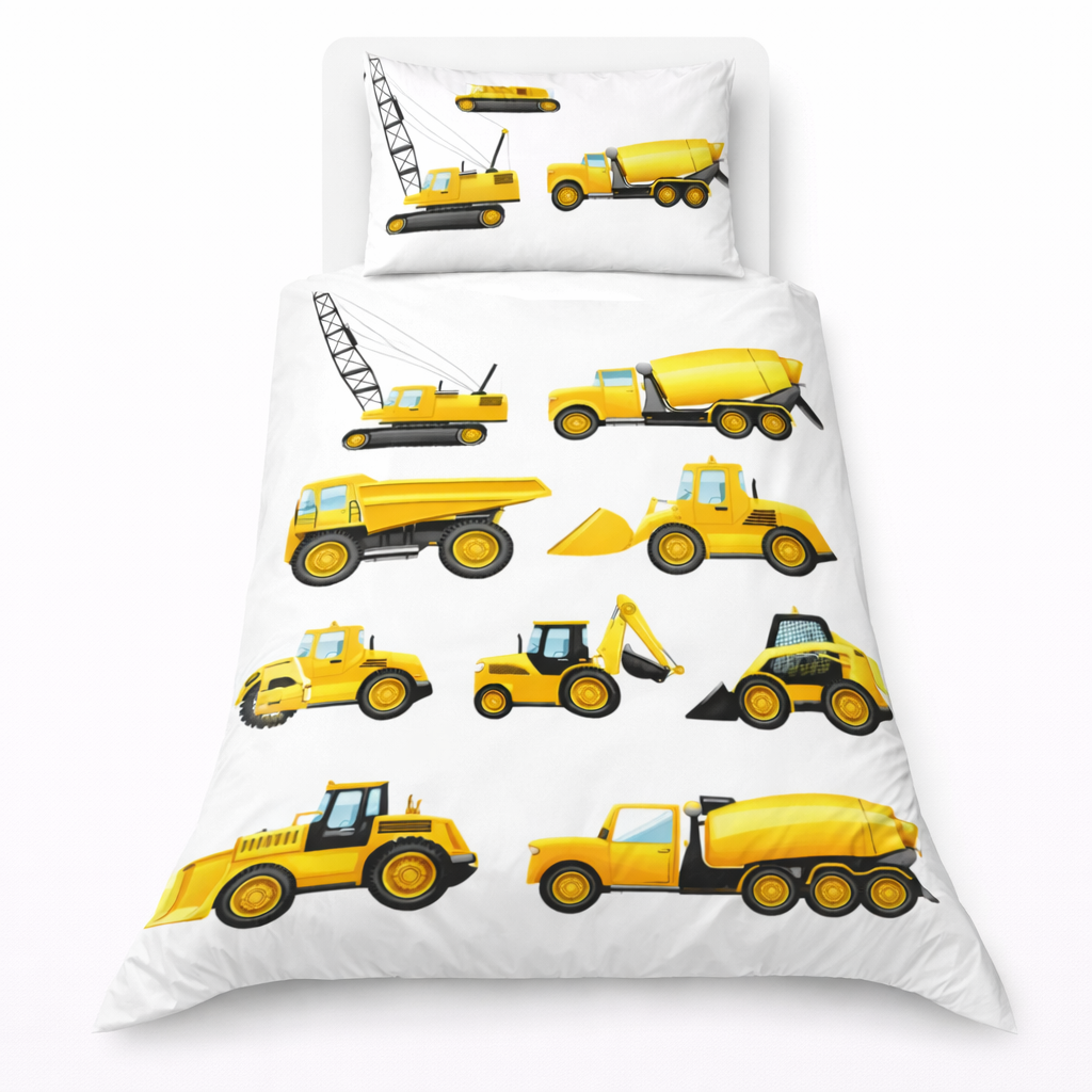 Children's bedding set with yellow construction vehicle patterns on a white background