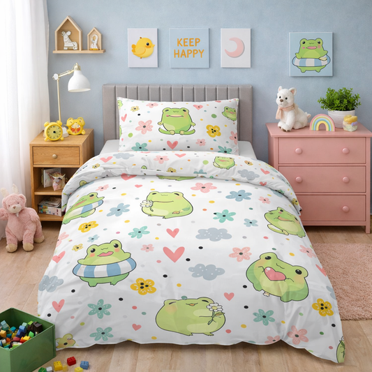 White duvet set with cute green frog illustrations, hearts, and floral details displayed on a single bed with matching pillowcase