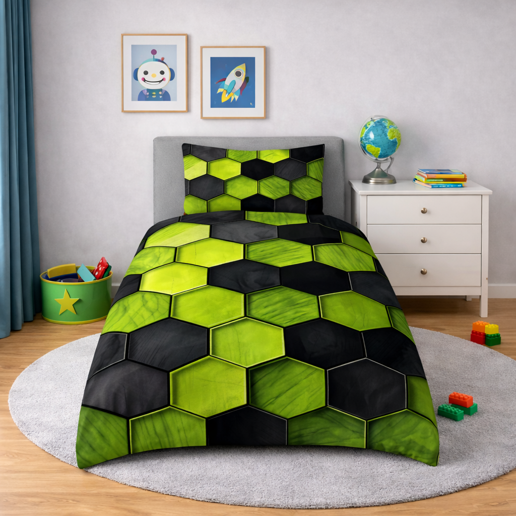 Green and black hexagon geometric bedding set in a bedroom setting