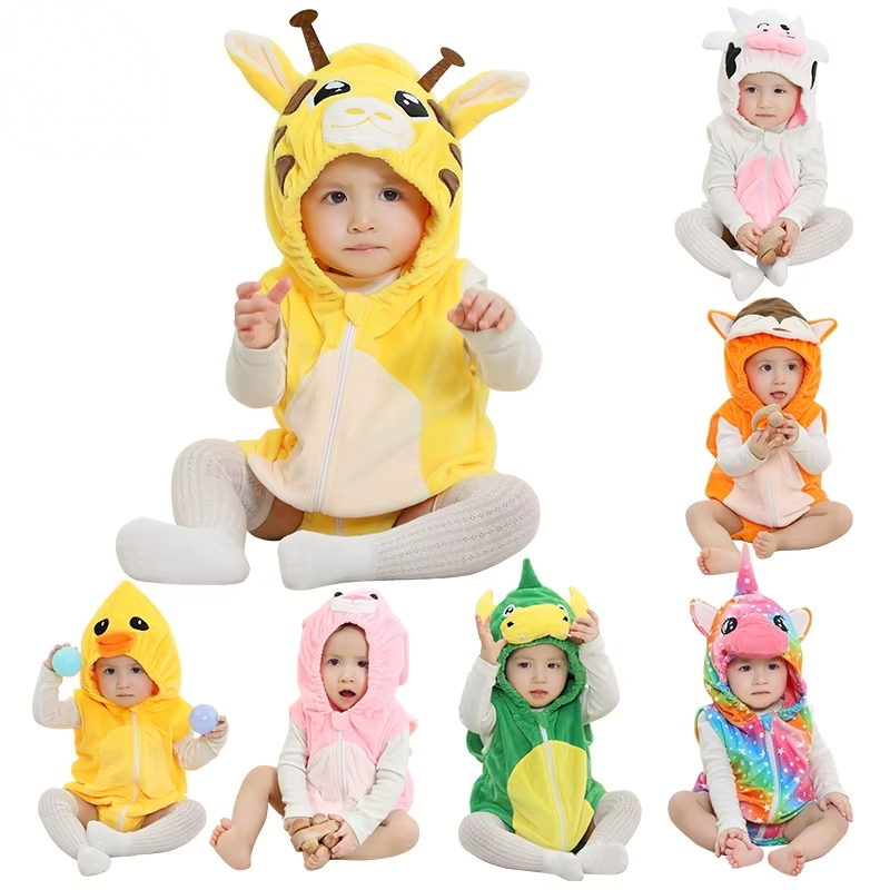 Baby wearing different animal themed hooded onesies on a white background.