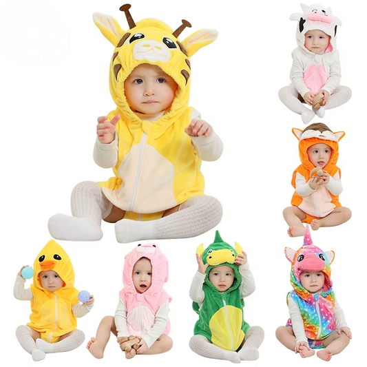 Baby wearing different animal themed hooded onesies on a white background.