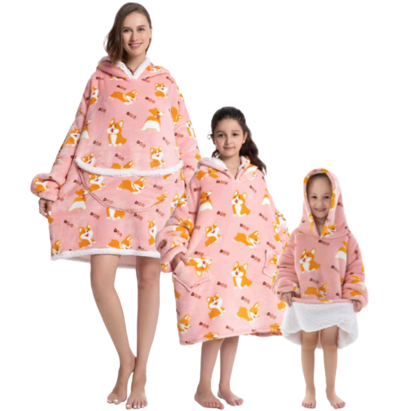 Adult and two children wearing pink corgi dog oversized wearable hoodies