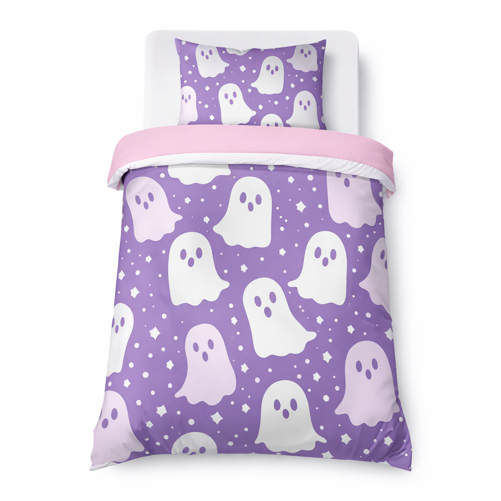 Purple ghost kids duvet set with cute floating ghost pattern and matching pillowcase on a white background