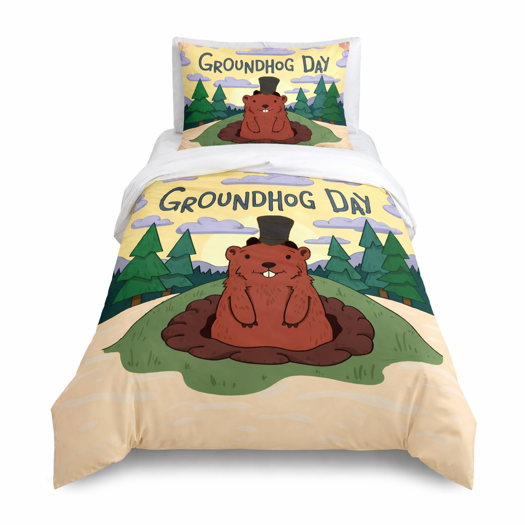 Groundhog Day-themed bedding set with cartoon groundhog design on a white background