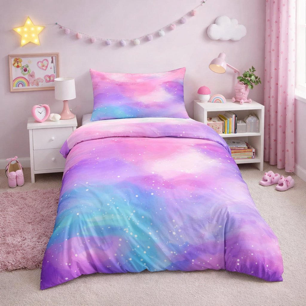 Purples, punks and blues multicoloured duvet set with a starry design