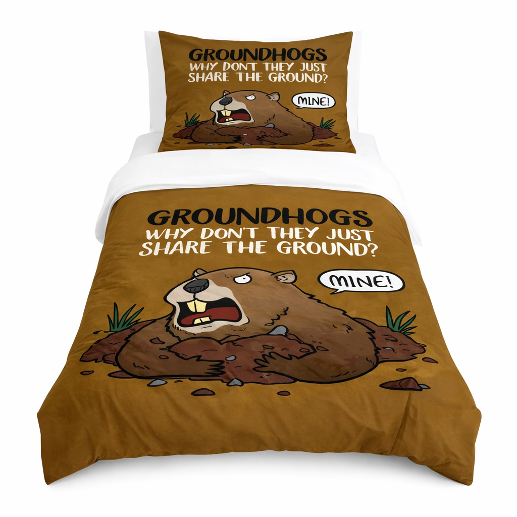 Bedding set with groundhog design and text on a white background