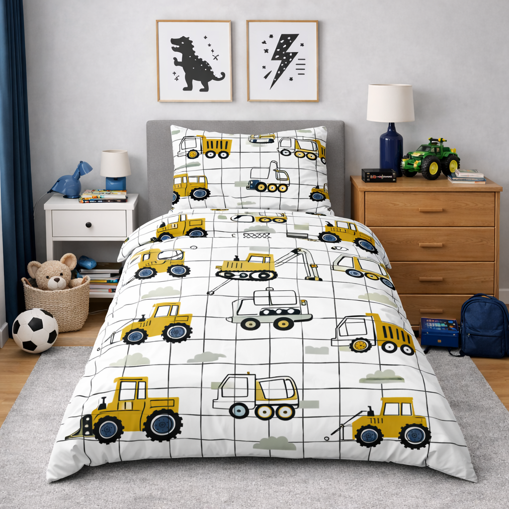 Children's bedroom with construction vehicle-themed bedding