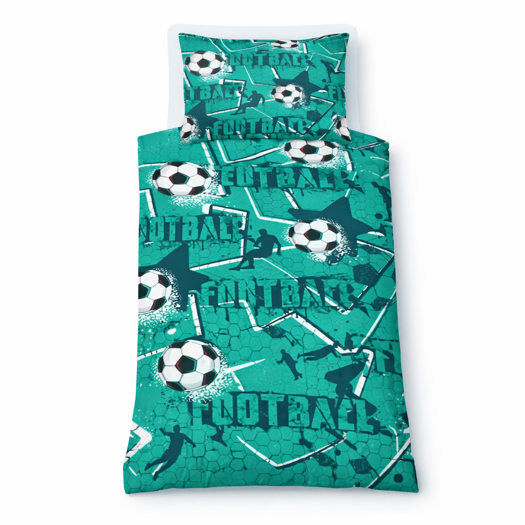 Teal football-themed bedding set with soccer balls and field graphics on a white background