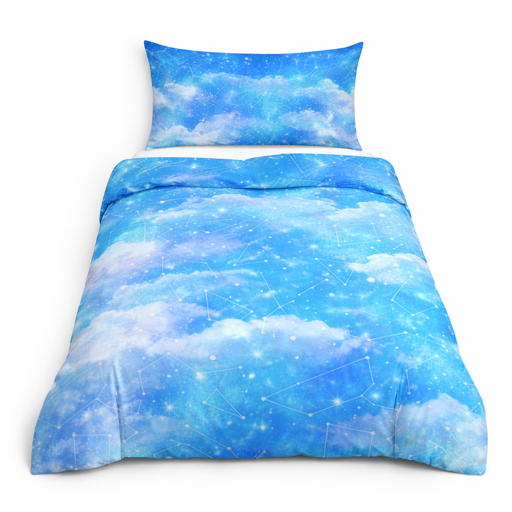 Blue cloudy star constellation design duvet set on a white background