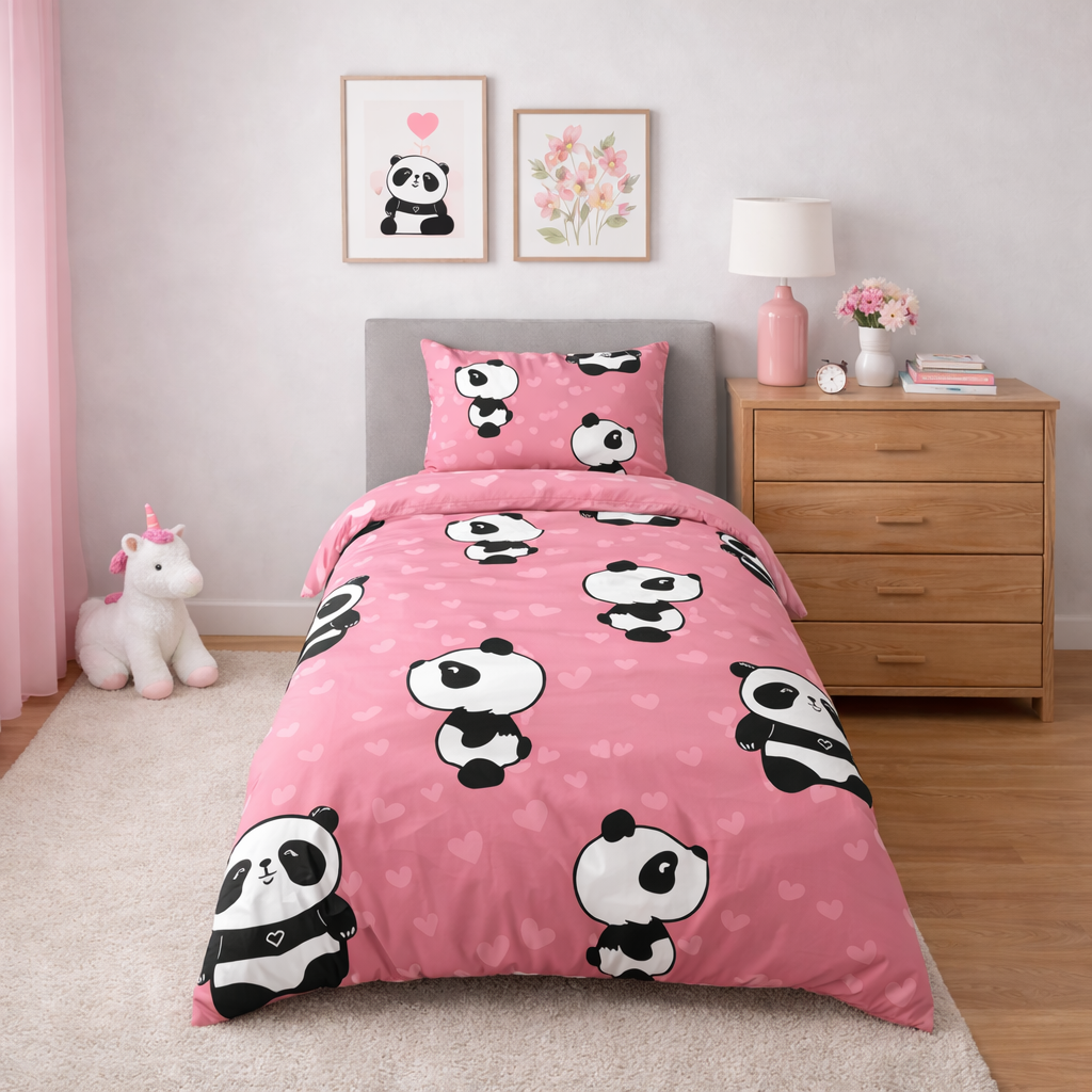 Pink Panda design duvet cover and pillowcase in a girls bedroom setting